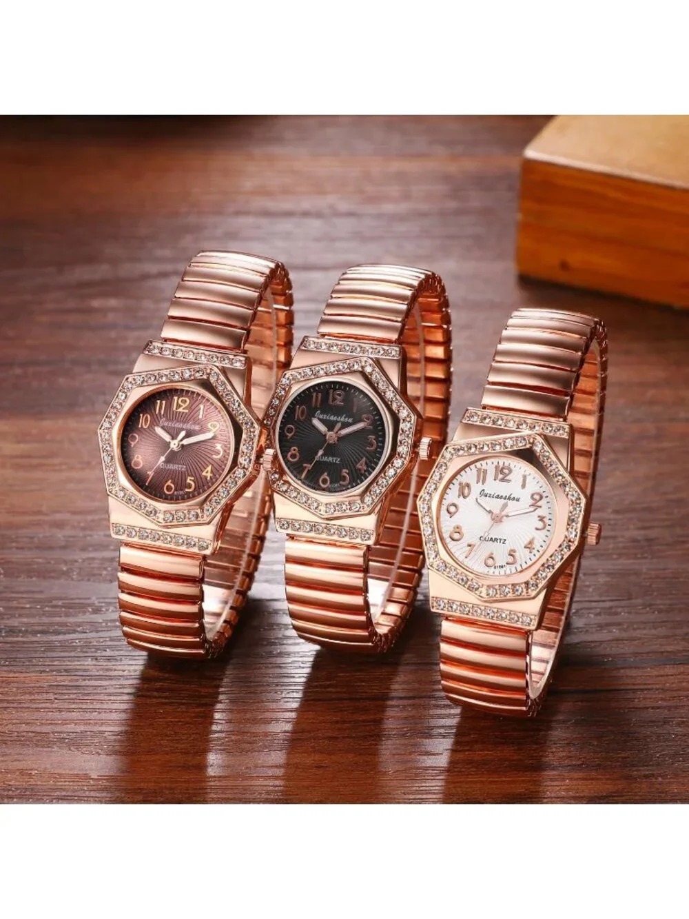 Women's Rose Gold Analog Quartz Bling Elastic Stretch Band Octagonal Wrist Watch